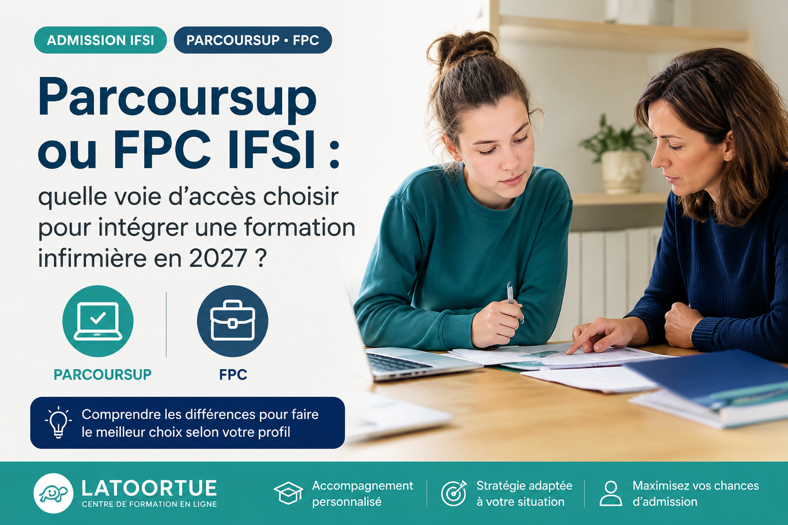 Illustration d’un article sur le choix entre Parcoursup et la formation professionnelle continue (FPC) pour entrer en IFSI en 2027